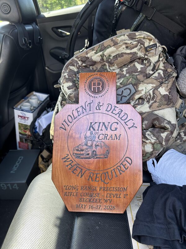 The King of CRAM trophy from LRPRC 1 May 16-17, 2026 at Beckley, WV — awarded to the top-performing shooter of the weekend.